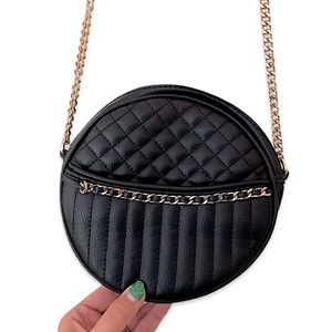 Zara Black Ribbed Faux Leather Gold Chain Circle Crossbody Bag